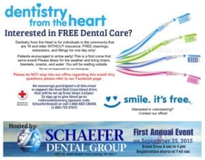 Flyer advertises free dental care for adults, including cleanings and exams, at Schaefer Dental Group. Colorful toothbrushes, event details, and a reminder to register in advance are shown. Check out our Current Promotions! Event: September 25, 2015.