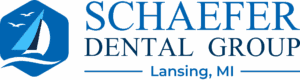 Logo for Schaefer Dental Group, Lansing, MI. The left side features a blue hexagon with a white sailboat and birds. The right side displays "Schaefer" in blue text with a blue underline, making it ideal for use in a website footer.
