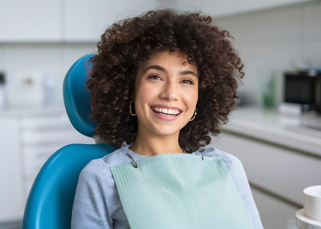 A young woman with curly hair sits in a dental chair, smiling brightly while wearing a dental bib. The background shows a modern, clean office of a friendly Lansing dentist.