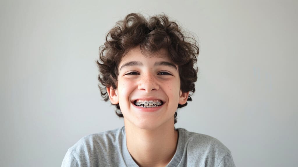 A smiling boy with curly brown hair and braces on his teeth, wearing a gray shirt, poses in front of a plain light-colored background at a dental clinic.