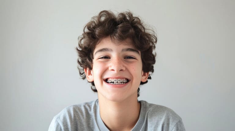 A smiling boy with curly brown hair and braces on his teeth, wearing a gray shirt, poses in front of a plain light-colored background at a dental clinic.