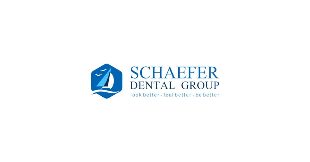 Logo for Schaefer Dental Group featuring a blue sailboat and seagulls inside a hexagon on the left, with the text SCHAEFER DENTAL GROUP and the tagline look better · feel better · be better—a trusted dentist in Lansing.